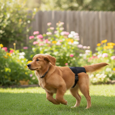 chien courant dehors vetu d'une couche pour chien