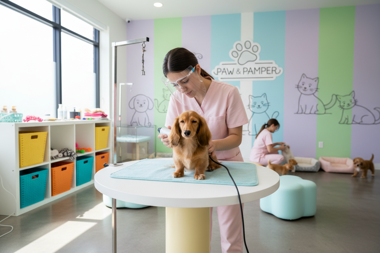 chiot teckel poils long, au salon toilettage du style garderie pour chiot, avec un coupe griffe électrique 