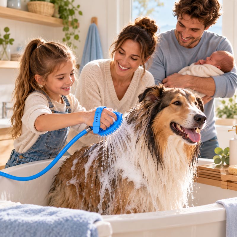 famille utilise douchette pour chien pour lave le chien