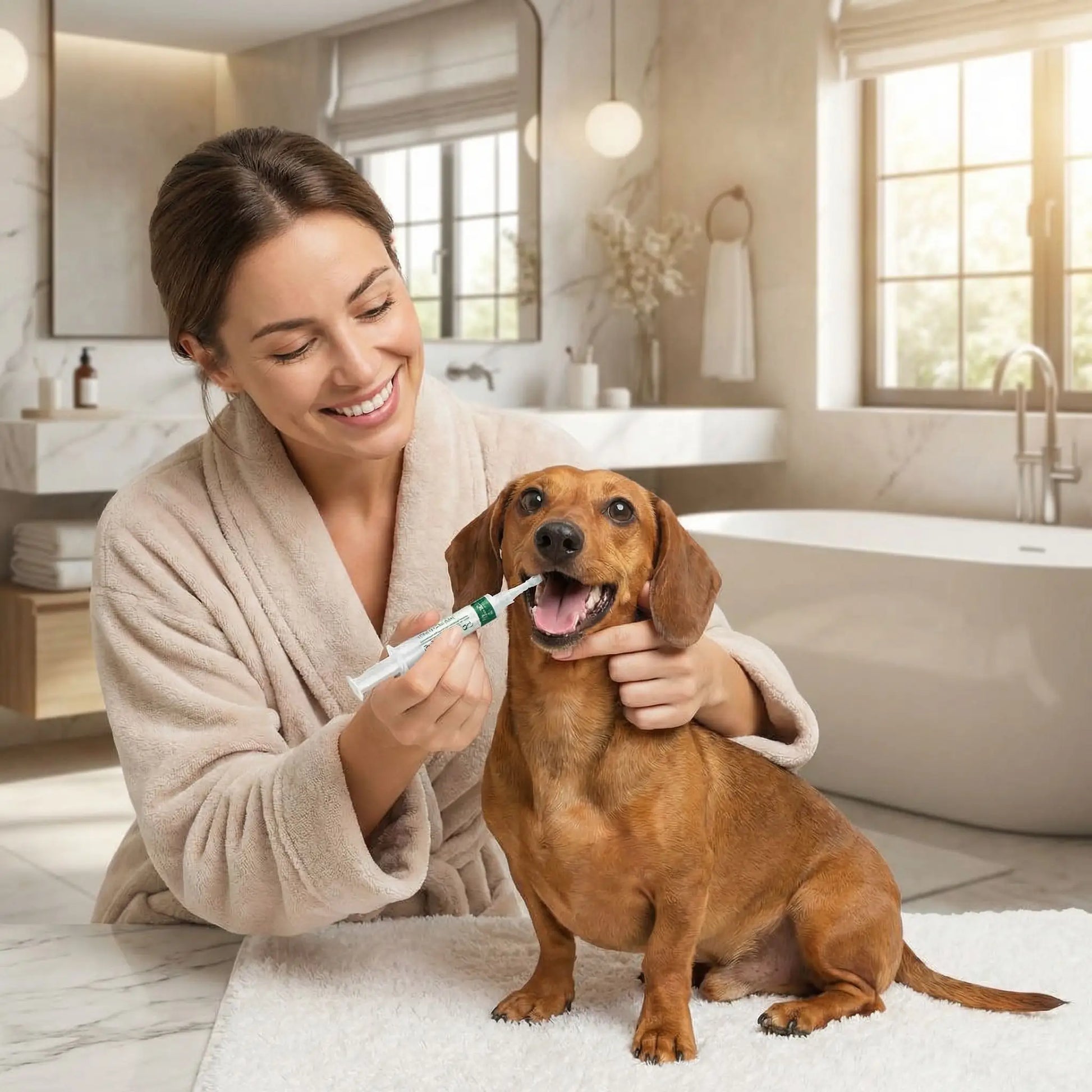 maitresse avec son chien utilise un dentifrice chien