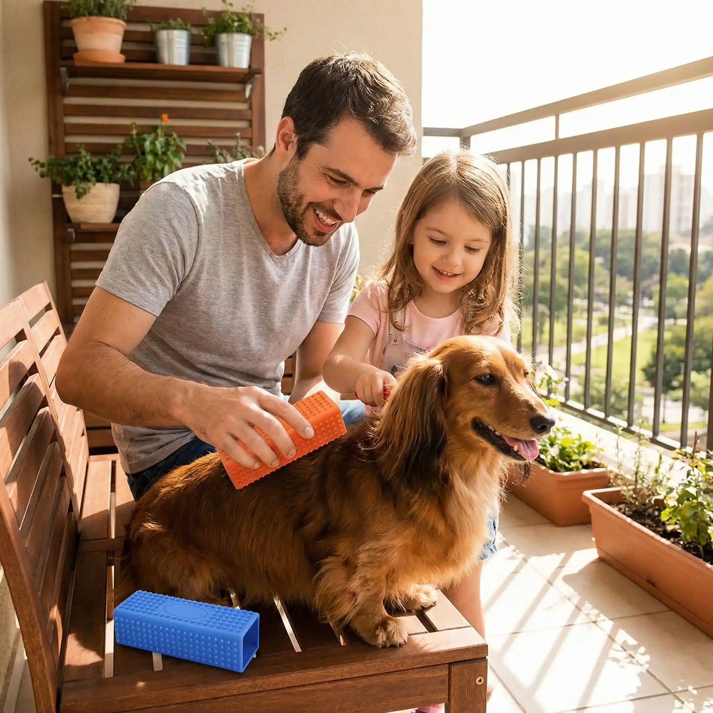 pere et fillette brosse leur chien sur le balcon