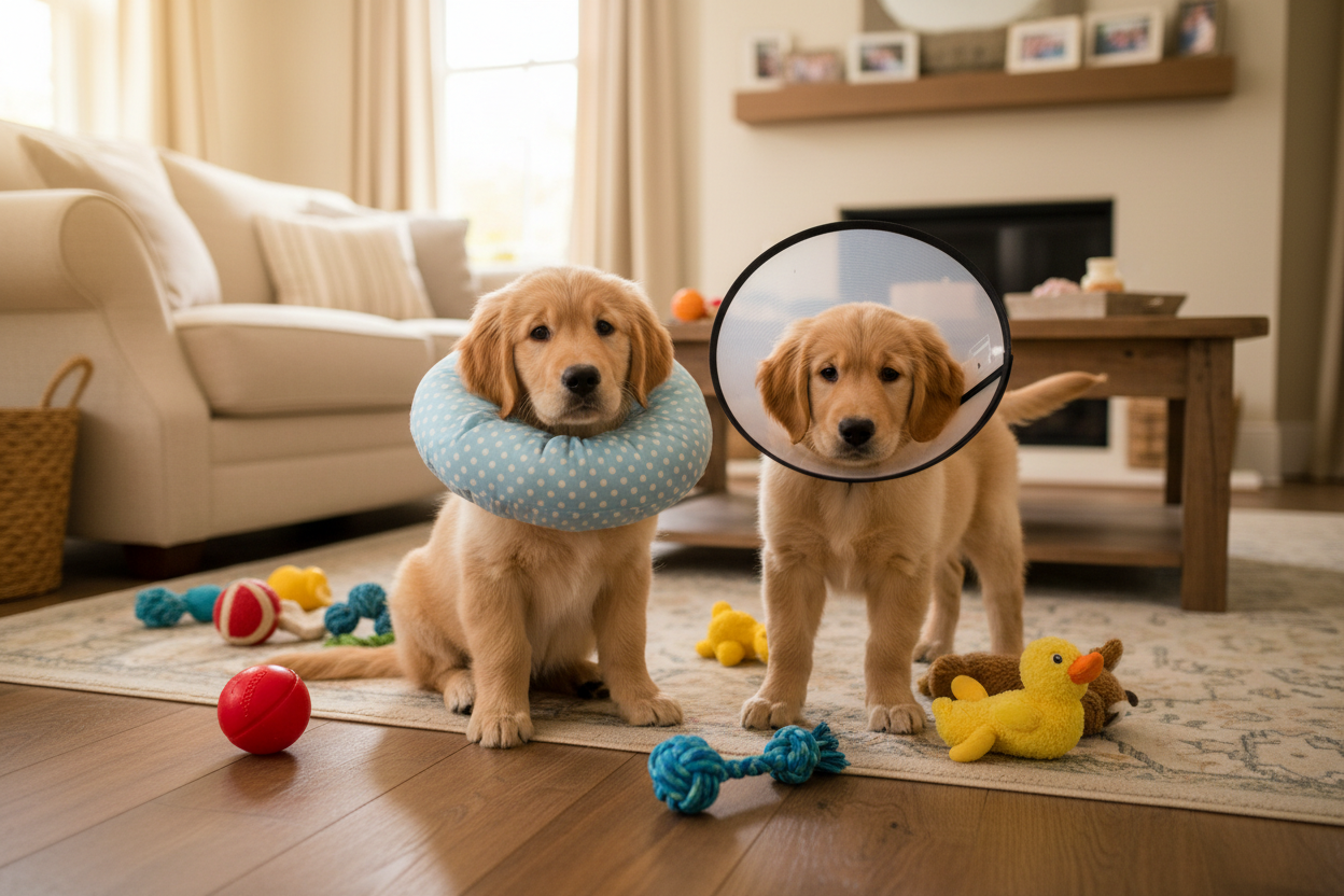 un chiot avec collerette gonflable chien et un chiot avec collerette traditionnelle  dans un salon avec des jouets pour chien sur le sol